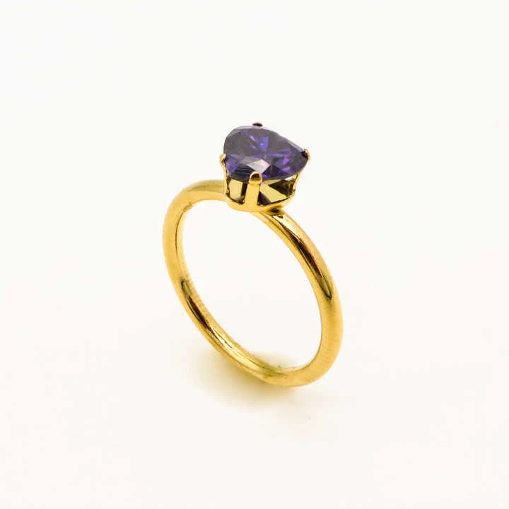 Gemstone Jewelry Engagement Wedding Simple Stylish Stainless Gold Plated Steel Cz Heart Shape Ring