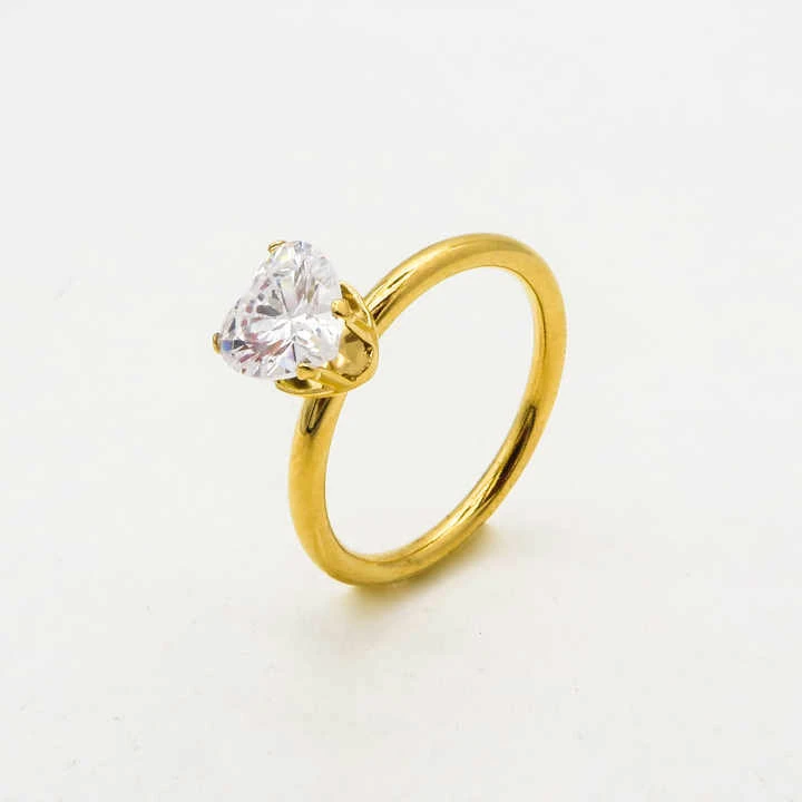 Gemstone Jewelry Engagement Wedding Simple Stylish Stainless Gold Plated Steel Cz Heart Shape Ring